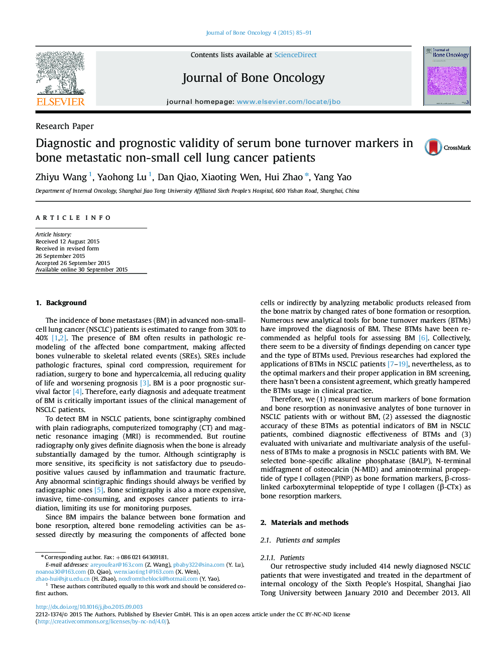 Diagnostic and prognostic validity of serum bone turnover markers in bone metastatic non-small cell lung cancer patients