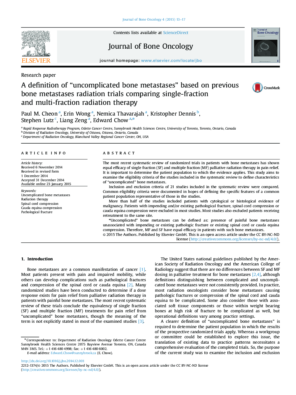 A definition of “uncomplicated bone metastases” based on previous bone metastases radiation trials comparing single-fraction and multi-fraction radiation therapy