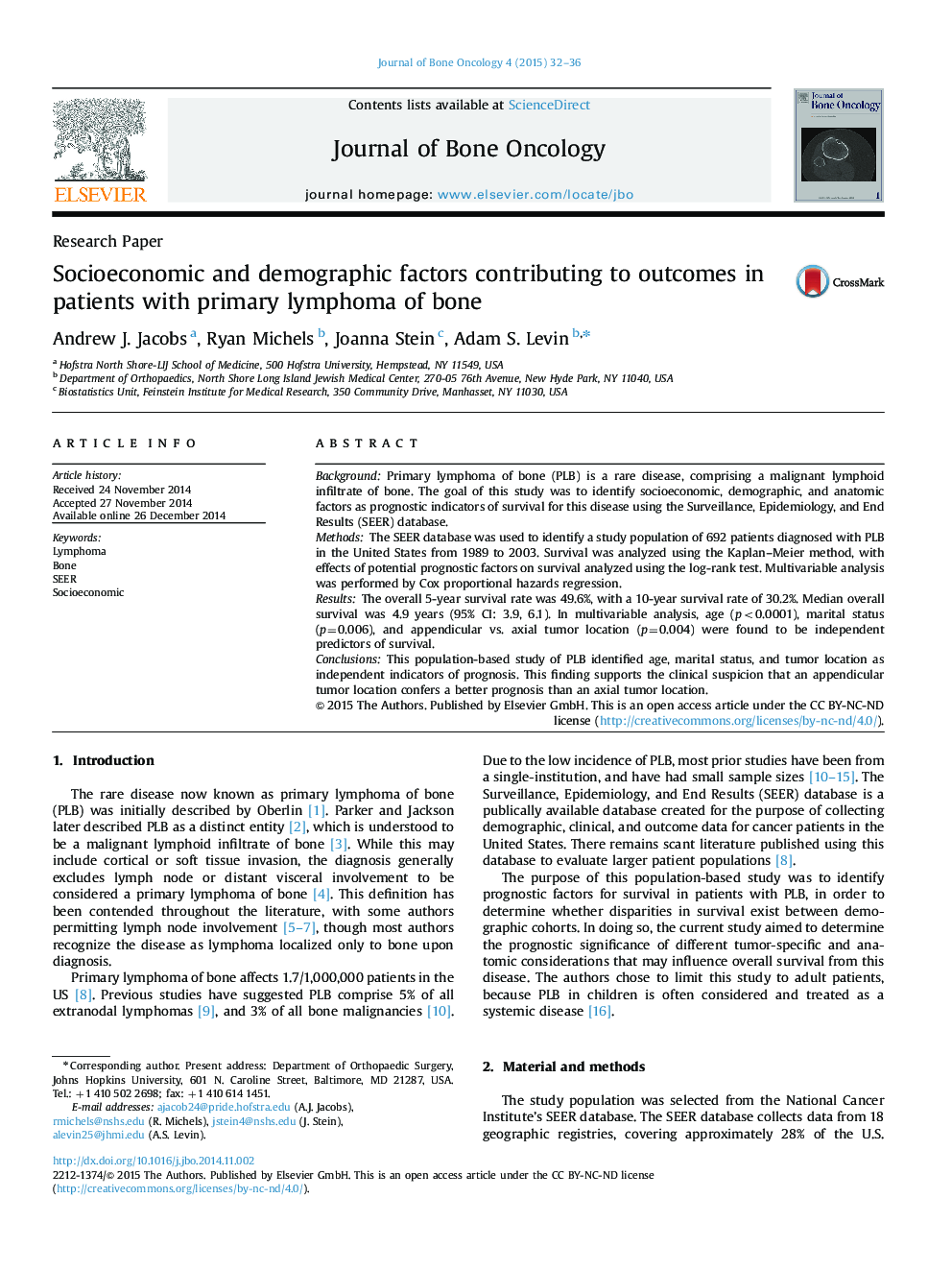 Socioeconomic and demographic factors contributing to outcomes in patients with primary lymphoma of bone