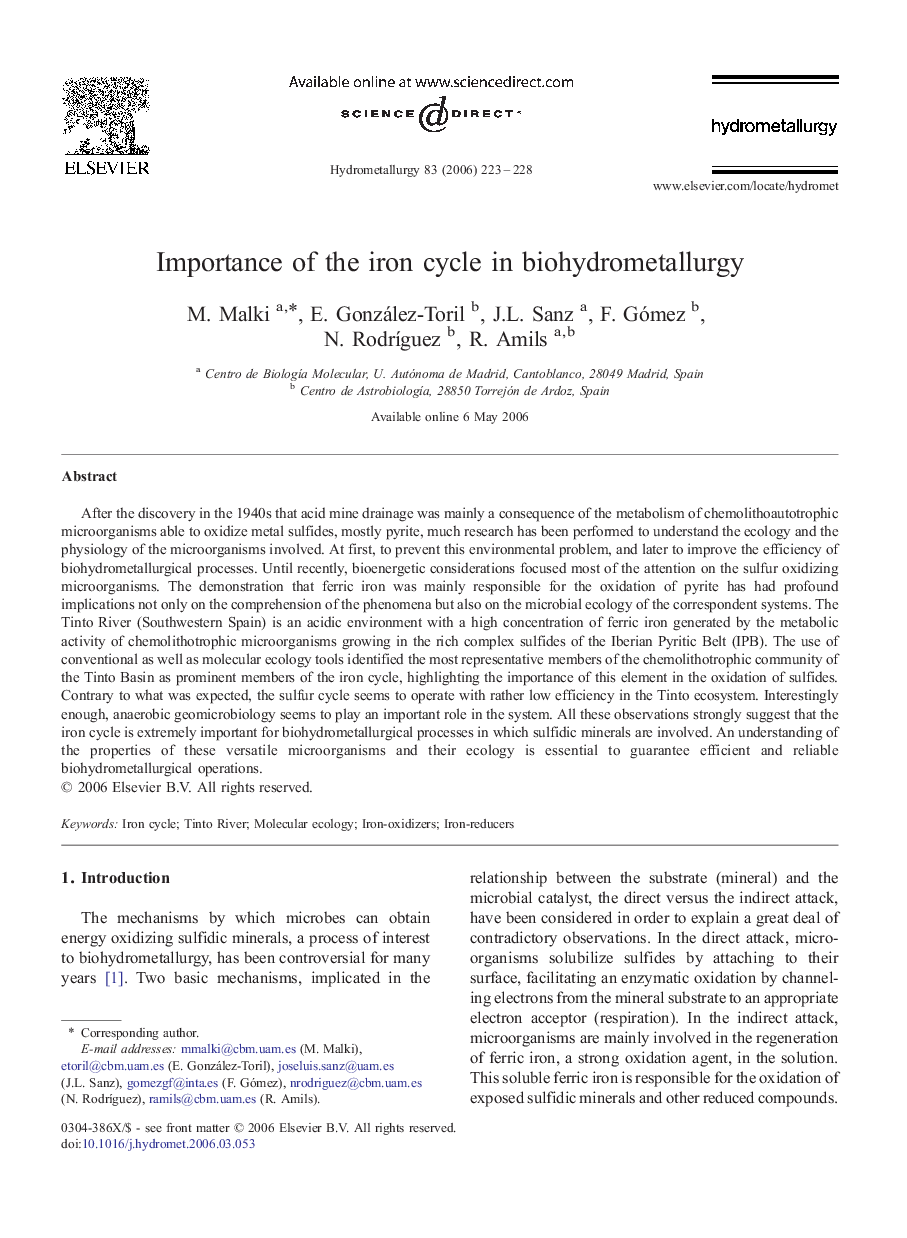 Importance of the iron cycle in biohydrometallurgy