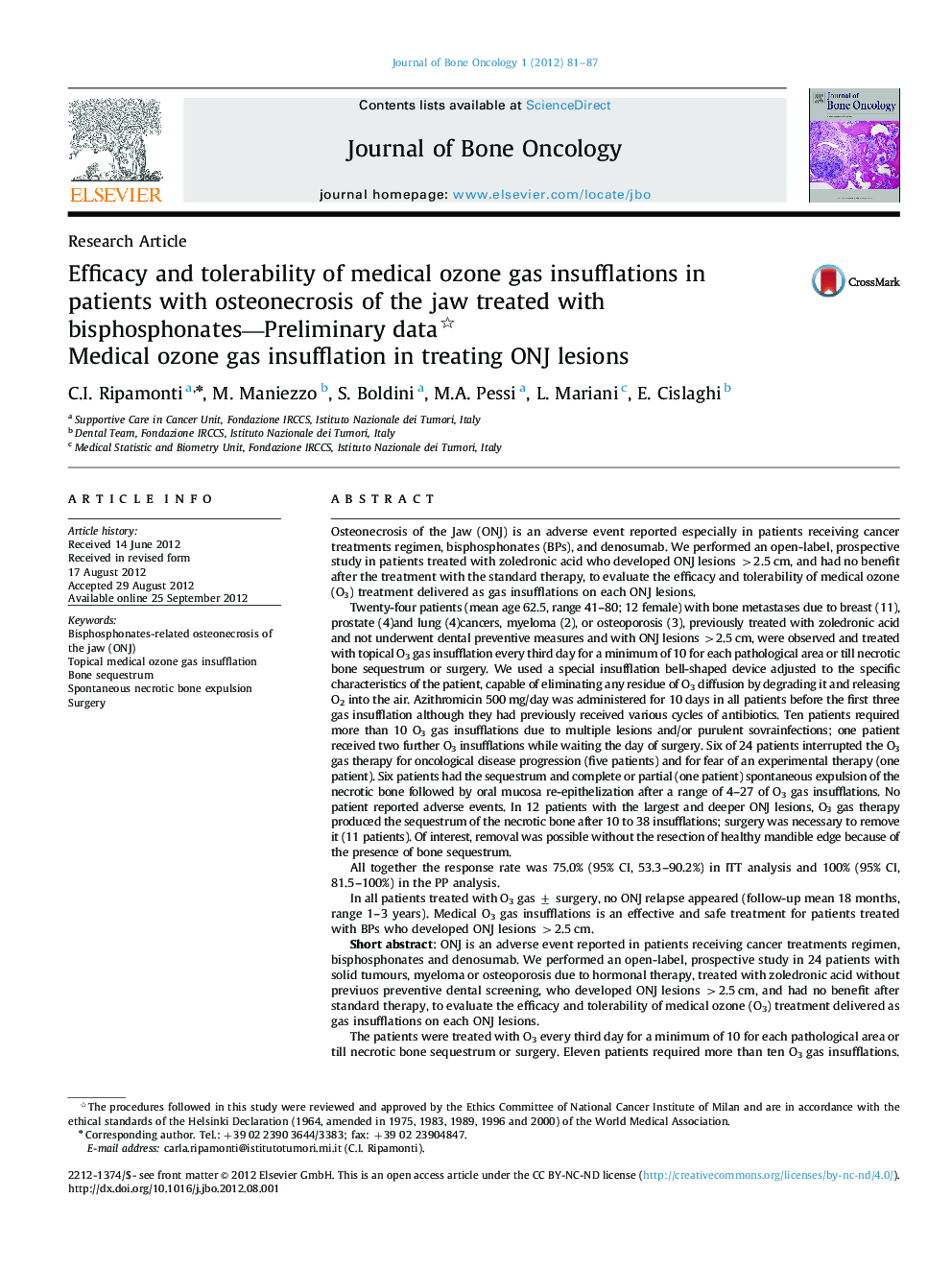 Efficacy and tolerability of medical ozone gas insufflations in patients with osteonecrosis of the jaw treated with bisphosphonates—Preliminary data : Medical ozone gas insufflation in treating ONJ lesions