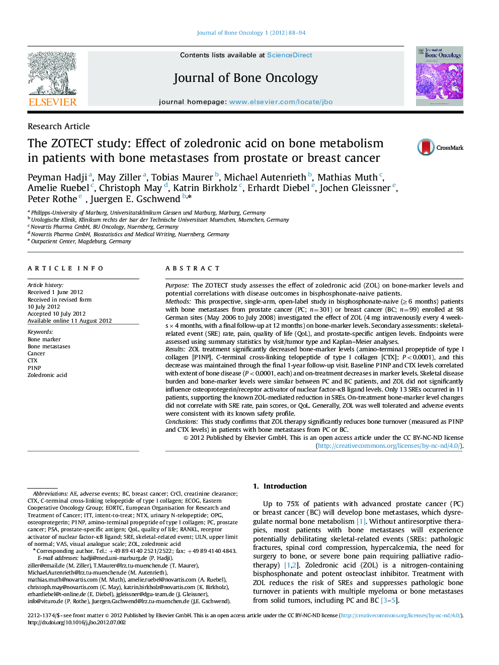 The ZOTECT study: Effect of zoledronic acid on bone metabolism in patients with bone metastases from prostate or breast cancer