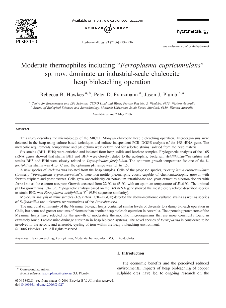 Moderate thermophiles including “Ferroplasma cupricumulans” sp. nov. dominate an industrial-scale chalcocite heap bioleaching operation