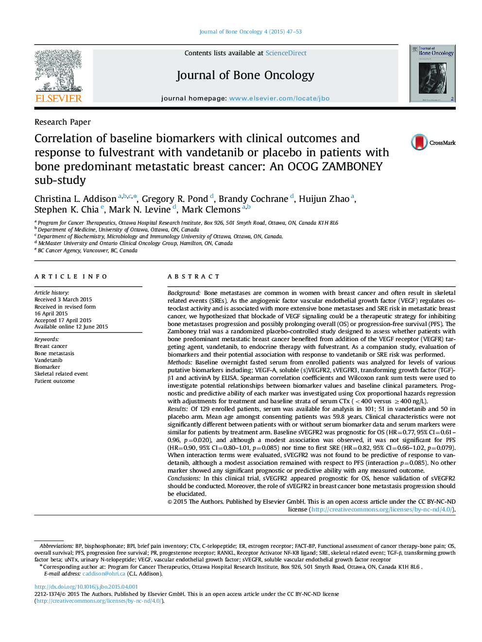 Correlation of baseline biomarkers with clinical outcomes and response to fulvestrant with vandetanib or placebo in patients with bone predominant metastatic breast cancer: An OCOG ZAMBONEY sub-study