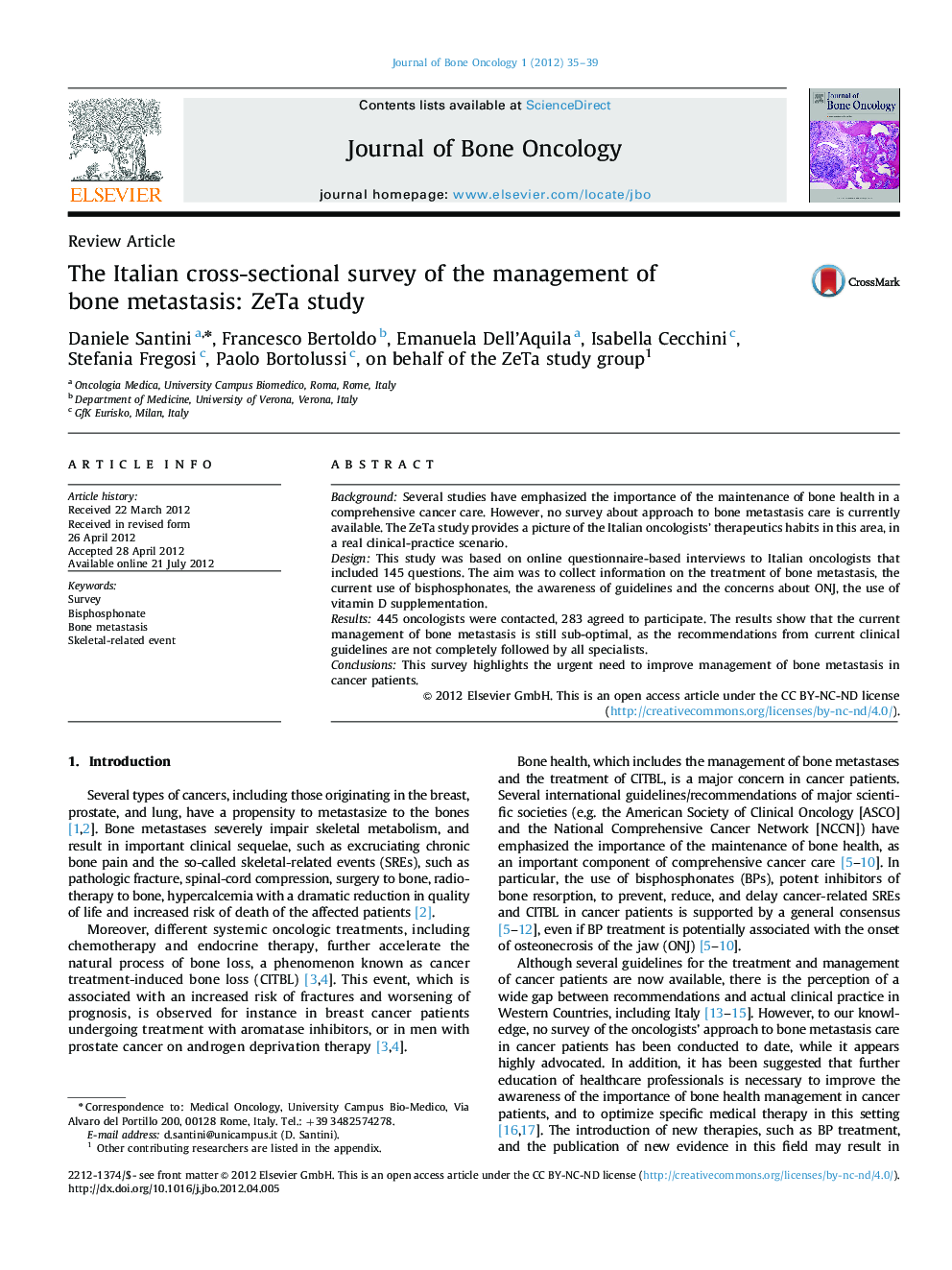 The Italian cross-sectional survey of the management of bone metastasis: ZeTa study