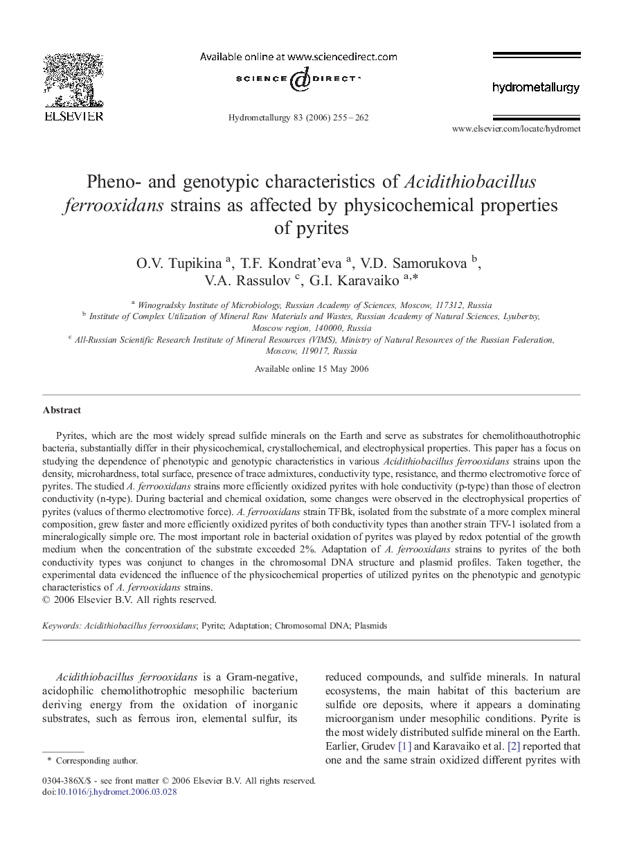 Pheno- and genotypic characteristics of Acidithiobacillus ferrooxidans strains as affected by physicochemical properties of pyrites