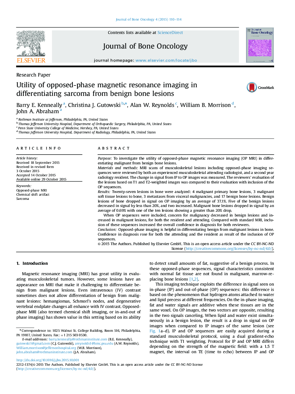 Utility of opposed-phase magnetic resonance imaging in differentiating sarcoma from benign bone lesions