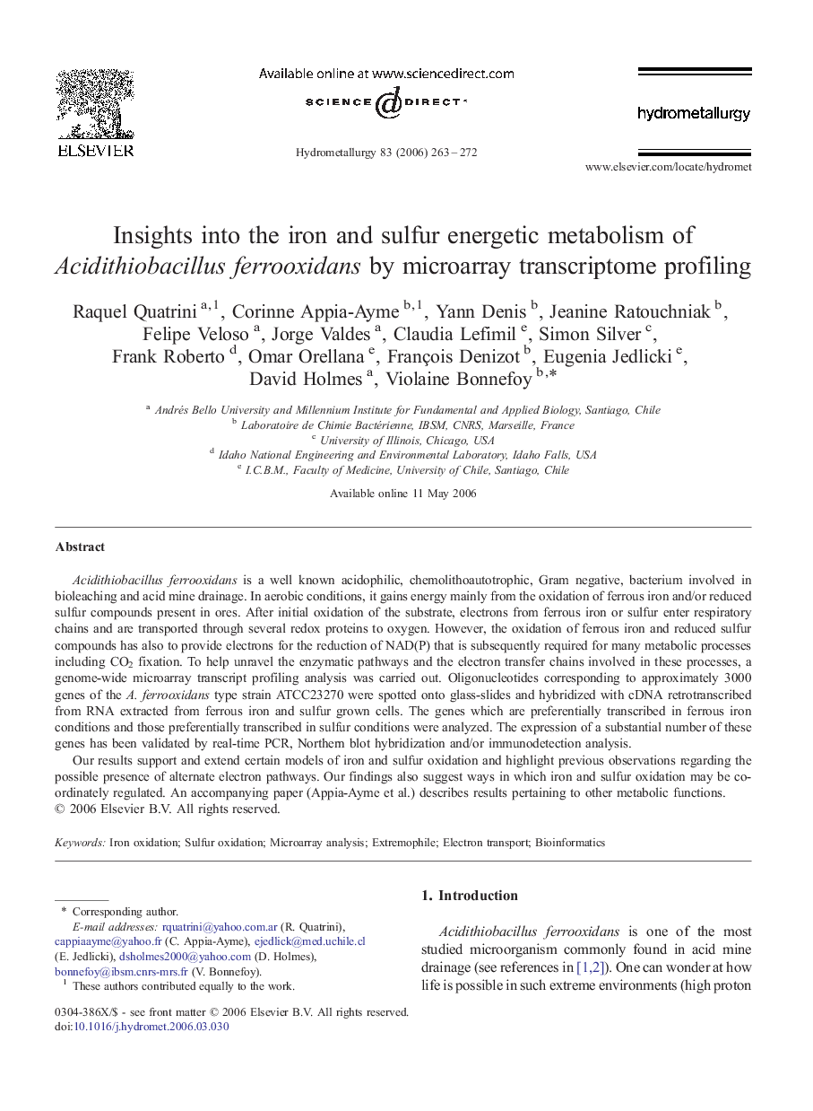 Insights into the iron and sulfur energetic metabolism of Acidithiobacillus ferrooxidans by microarray transcriptome profiling