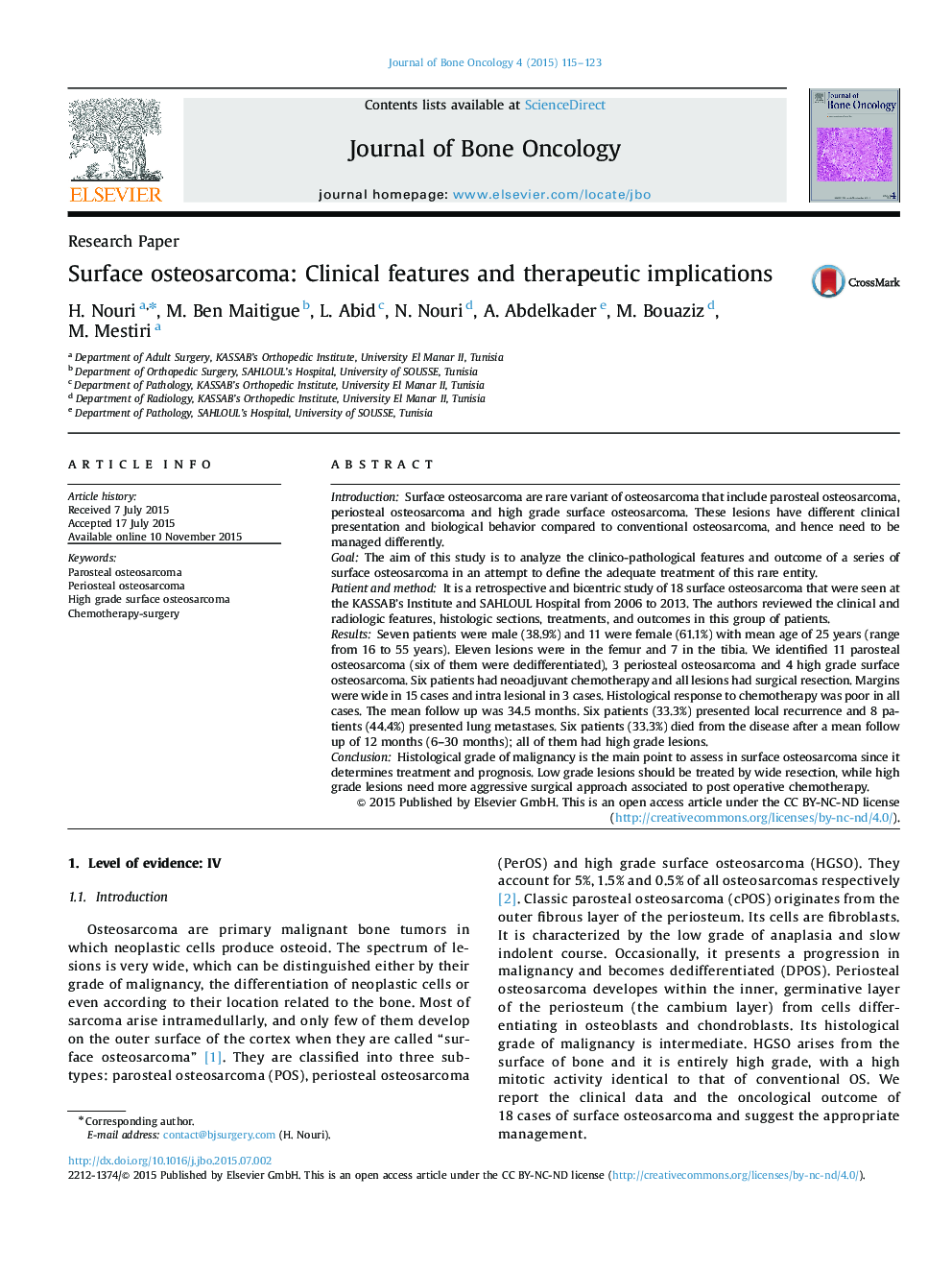 Surface osteosarcoma: Clinical features and therapeutic implications