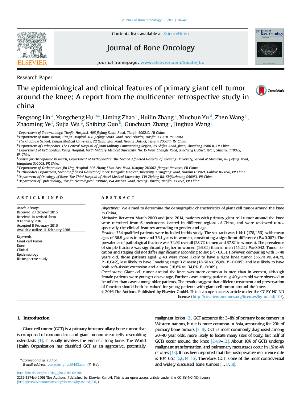 The epidemiological and clinical features of primary giant cell tumor around the knee: A report from the multicenter retrospective study in china