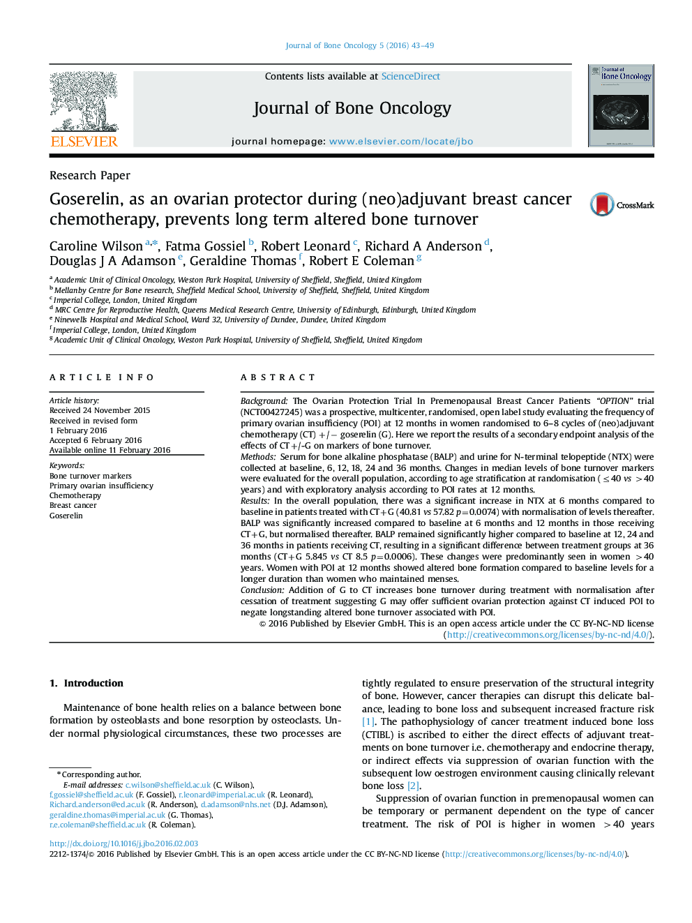 Goserelin, as an ovarian protector during (neo)adjuvant breast cancer chemotherapy, prevents long term altered bone turnover