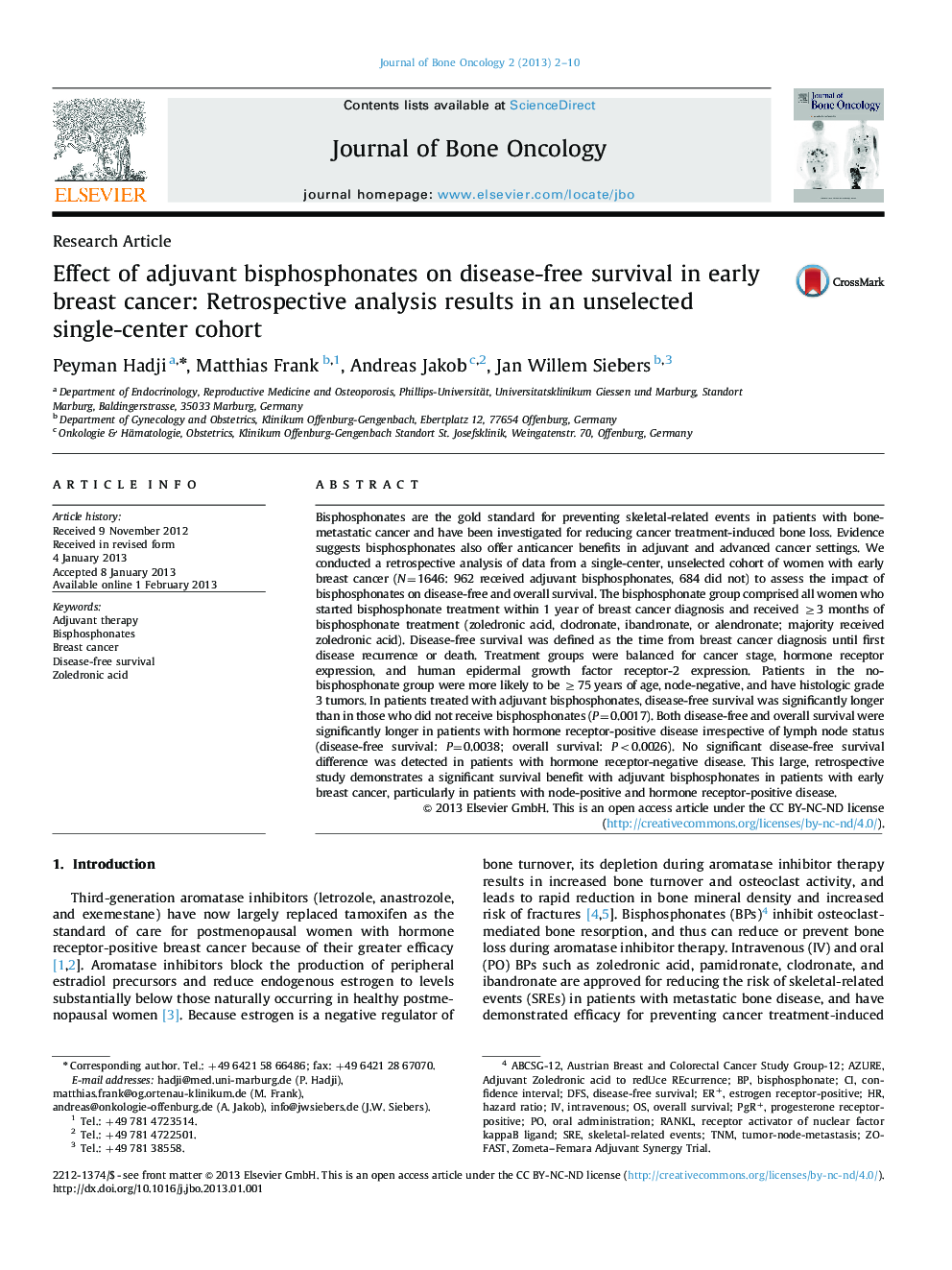 Effect of adjuvant bisphosphonates on disease-free survival in early breast cancer: Retrospective analysis results in an unselected single-center cohort