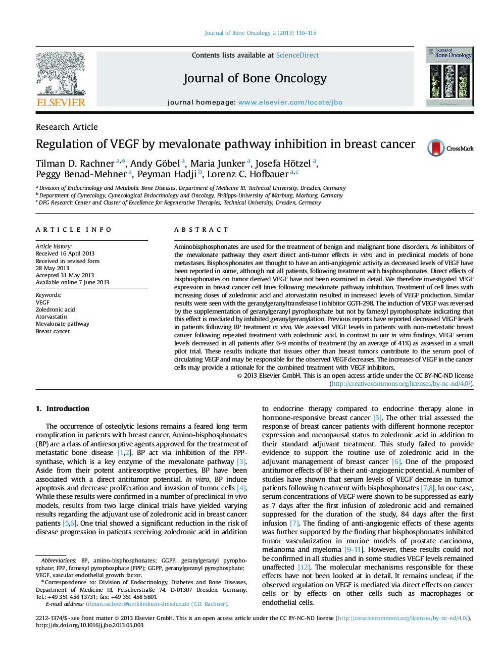 Regulation of VEGF by mevalonate pathway inhibition in breast cancer