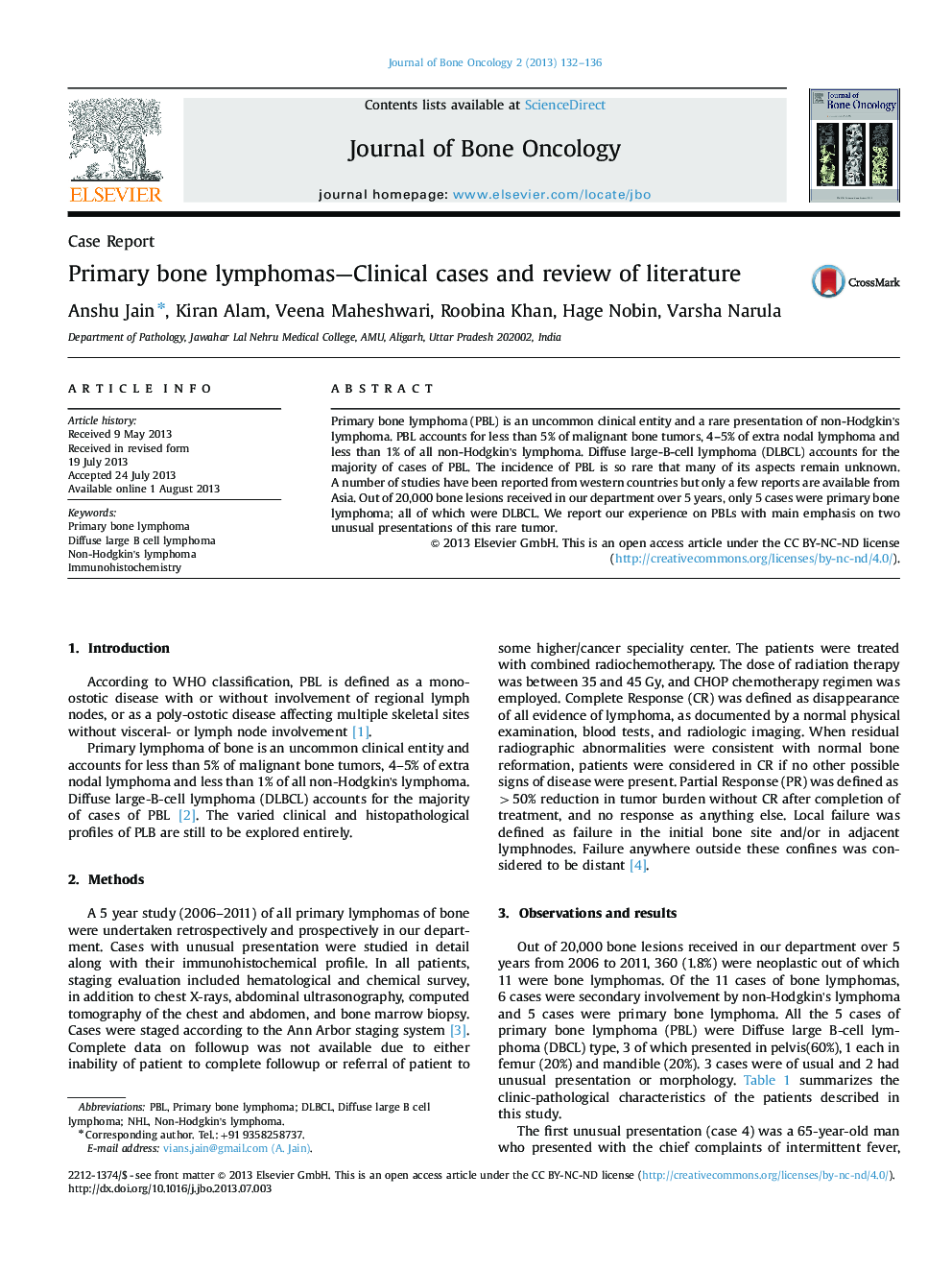 Primary bone lymphomas—Clinical cases and review of literature