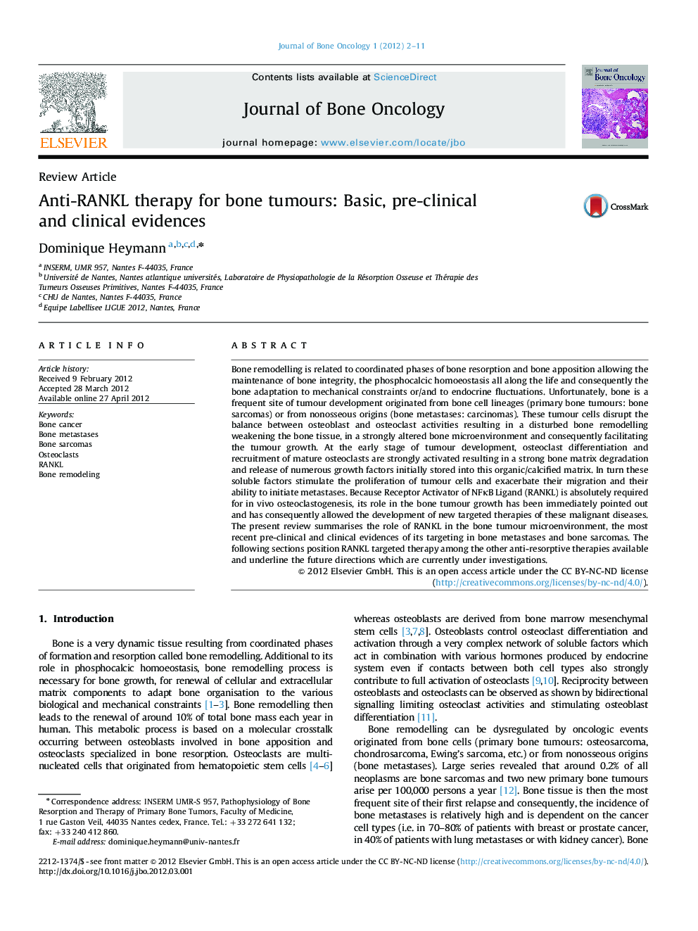 Anti-RANKL therapy for bone tumours: Basic, pre-clinical and clinical evidences