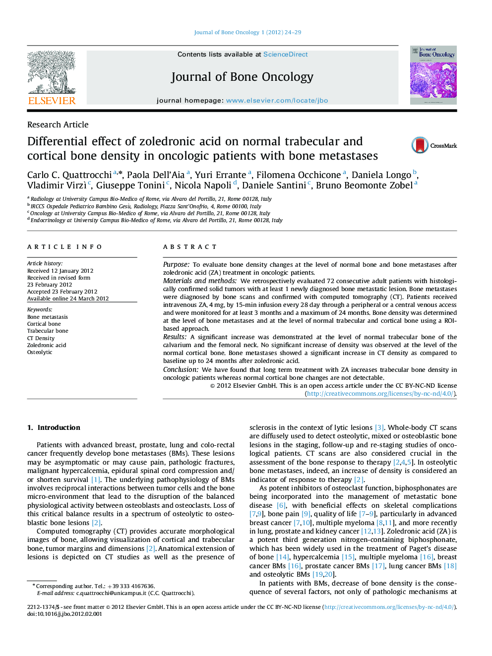 Differential effect of zoledronic acid on normal trabecular and cortical bone density in oncologic patients with bone metastases