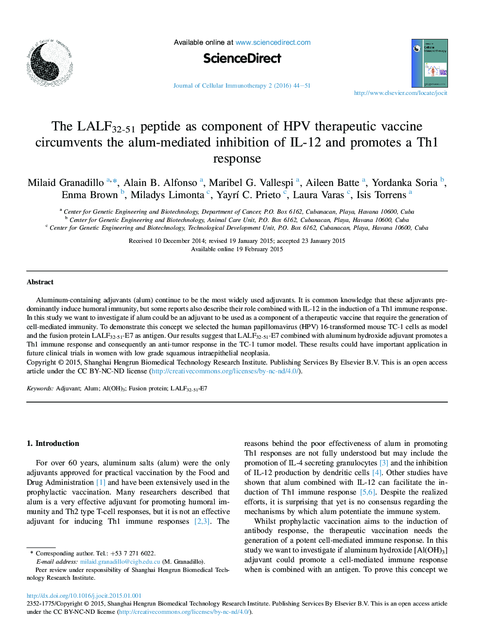 The LALF32-51 peptide as component of HPV therapeutic vaccine circumvents the alum-mediated inhibition of IL-12 and promotes a Th1 response 