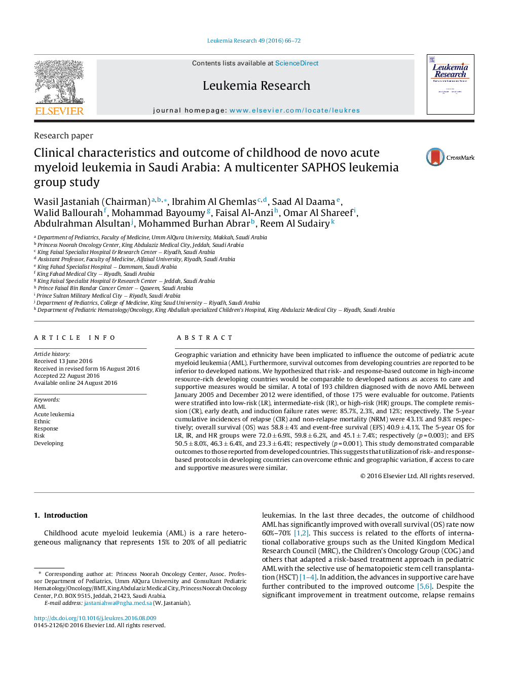 Clinical characteristics and outcome of childhood de novo acute myeloid leukemia in Saudi Arabia: A multicenter SAPHOS leukemia group study