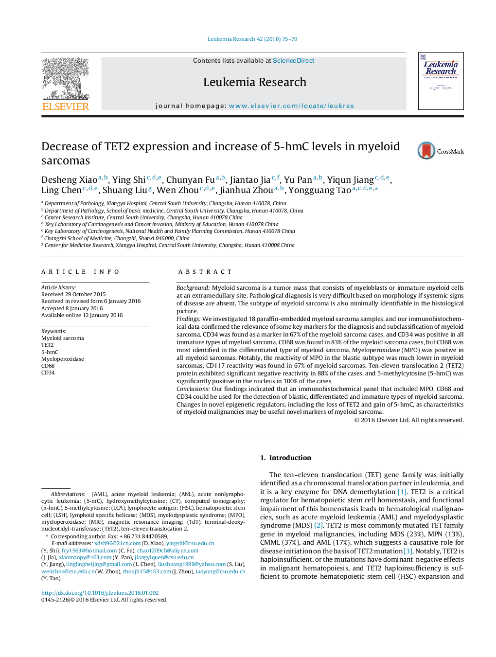 Decrease of TET2 expression and increase of 5-hmC levels in myeloid sarcomas