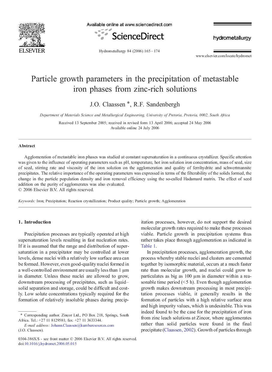 Particle growth parameters in the precipitation of metastable iron phases from zinc-rich solutions