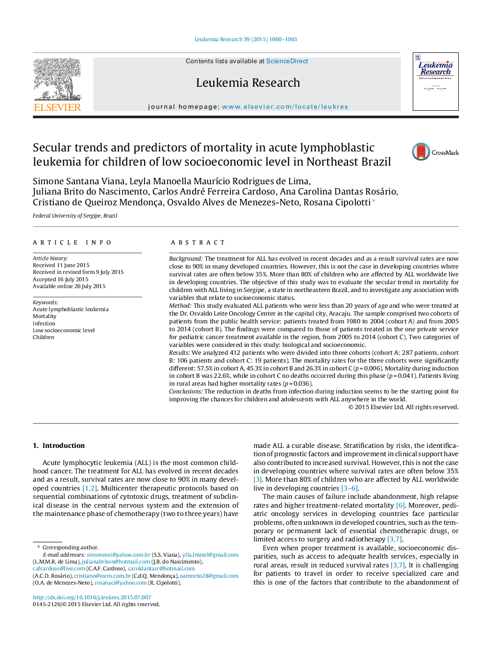 Secular trends and predictors of mortality in acute lymphoblastic leukemia for children of low socioeconomic level in Northeast Brazil