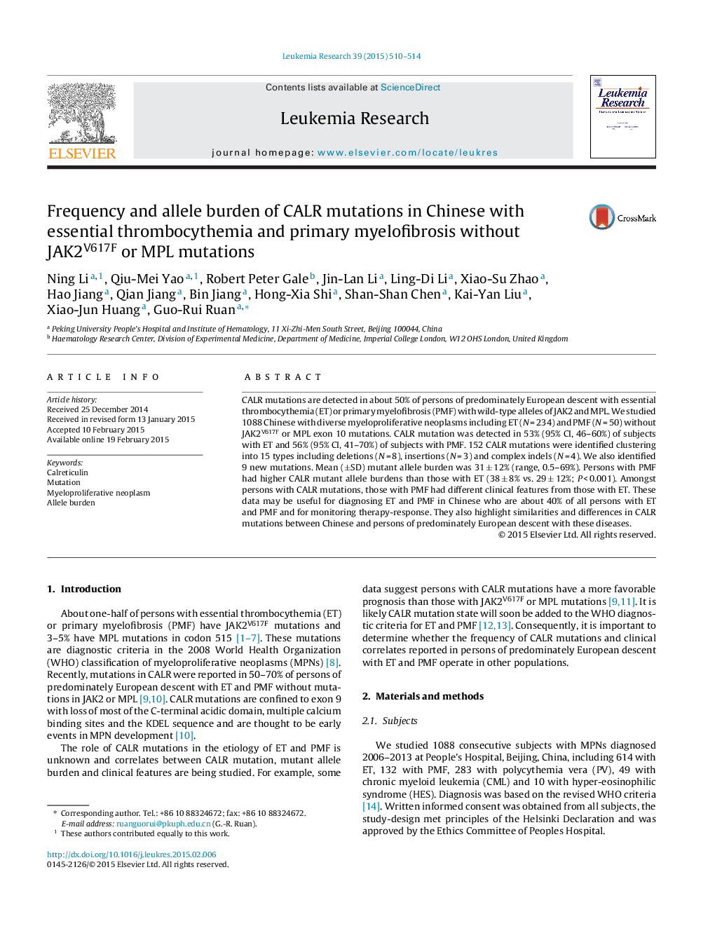 Frequency and allele burden of CALR mutations in Chinese with essential thrombocythemia and primary myelofibrosis without JAK2V617F or MPL mutations