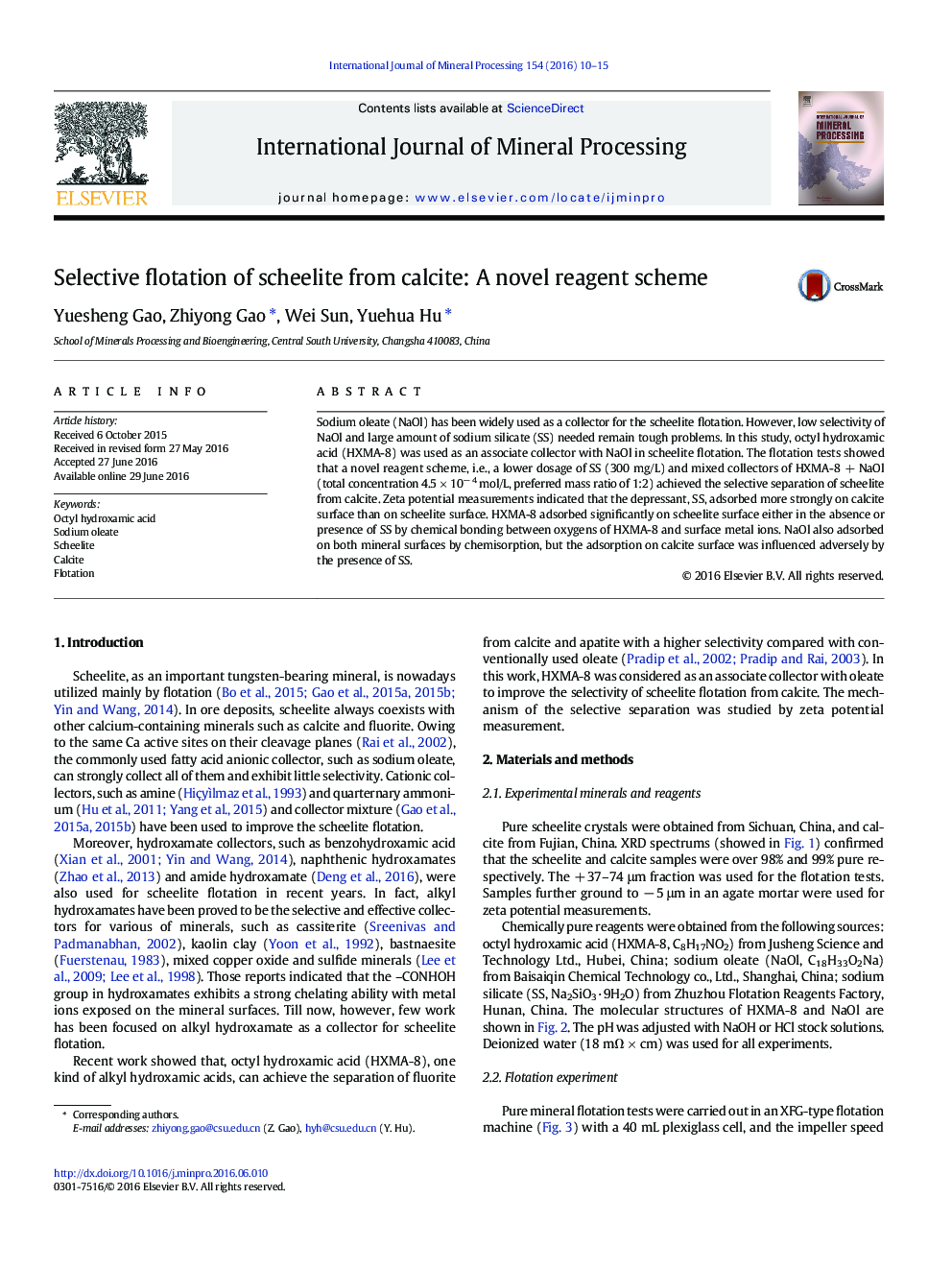 Selective flotation of scheelite from calcite: A novel reagent scheme