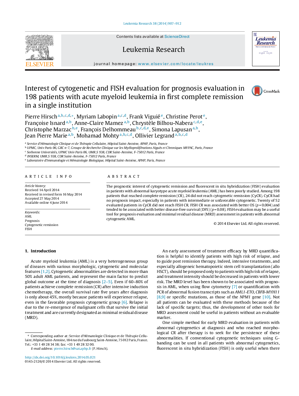 Interest of cytogenetic and FISH evaluation for prognosis evaluation in 198 patients with acute myeloid leukemia in first complete remission in a single institution