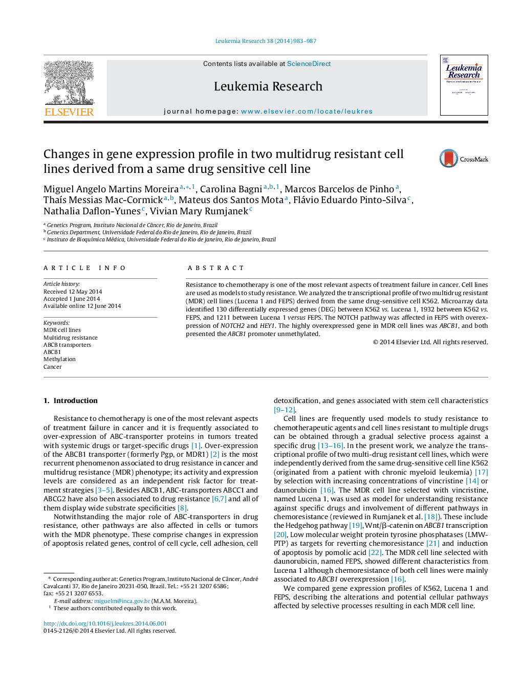 Changes in gene expression profile in two multidrug resistant cell lines derived from a same drug sensitive cell line