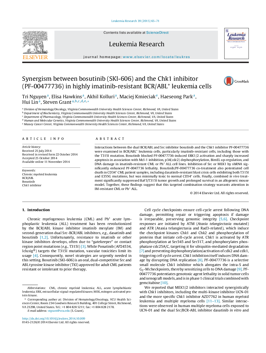 Synergism between bosutinib (SKI-606) and the Chk1 inhibitor (PF-00477736) in highly imatinib-resistant BCR/ABL+ leukemia cells