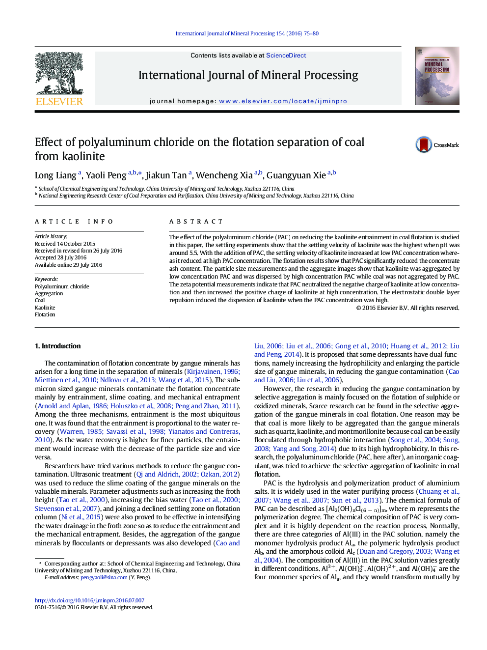 Effect of polyaluminum chloride on the flotation separation of coal from kaolinite