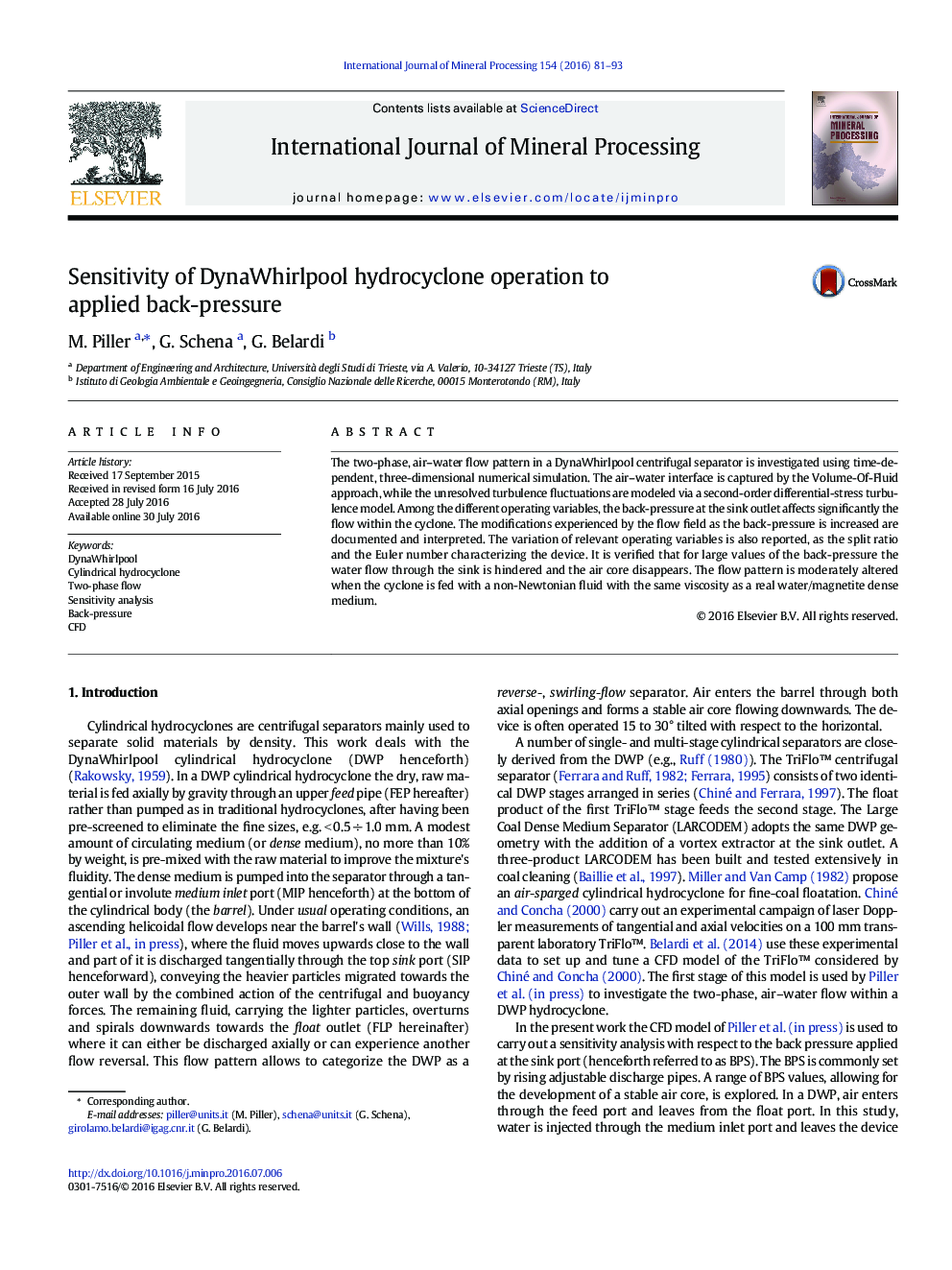 Sensitivity of DynaWhirlpool hydrocyclone operation to applied back-pressure