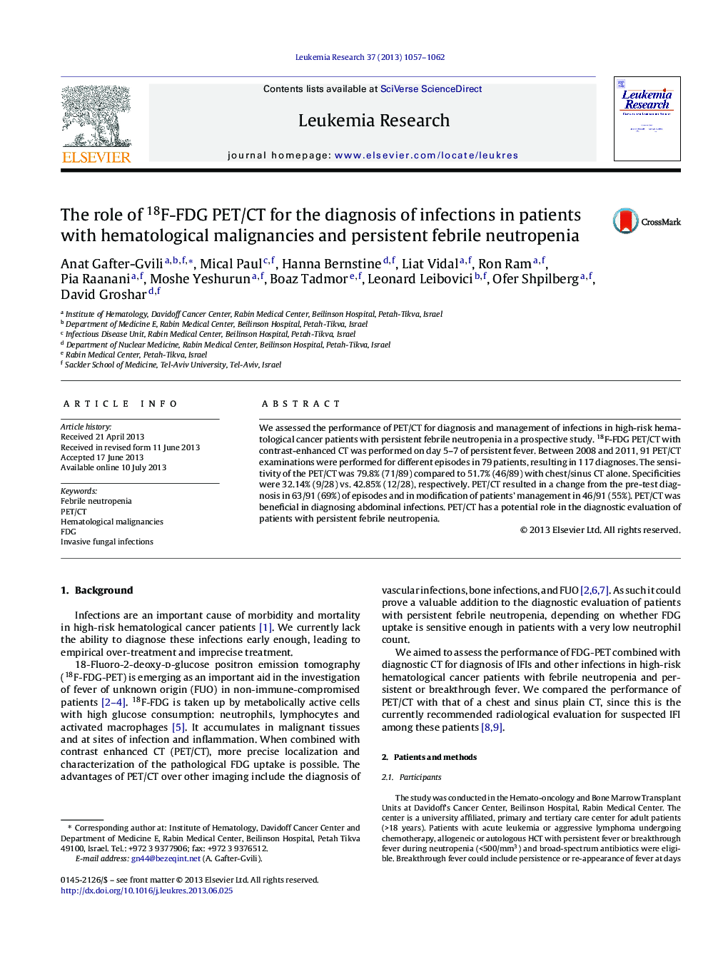 The role of 18F-FDG PET/CT for the diagnosis of infections in patients with hematological malignancies and persistent febrile neutropenia