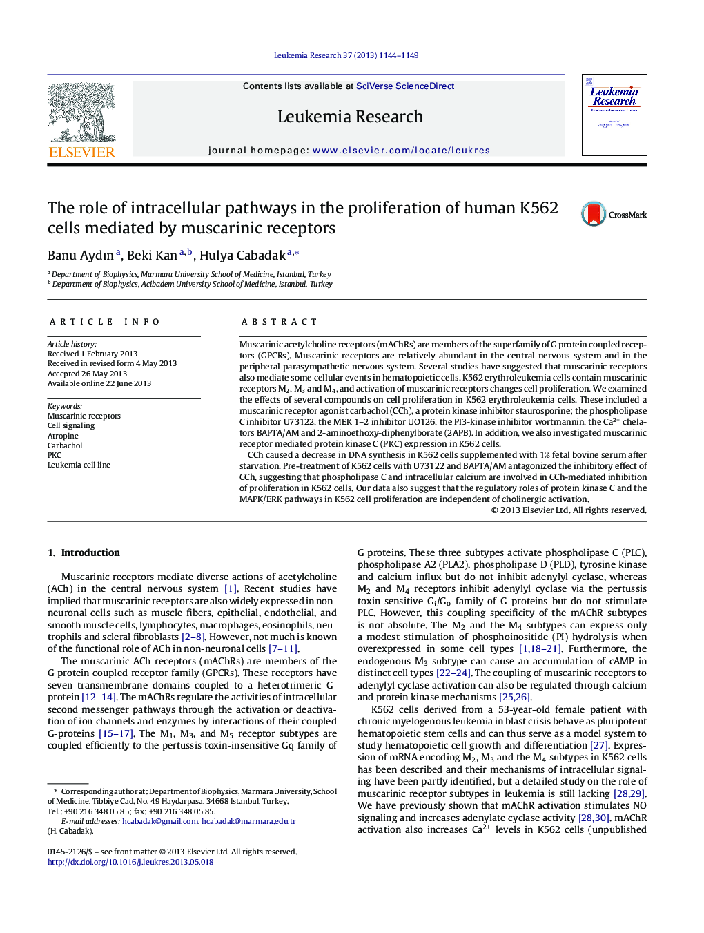 The role of intracellular pathways in the proliferation of human K562 cells mediated by muscarinic receptors