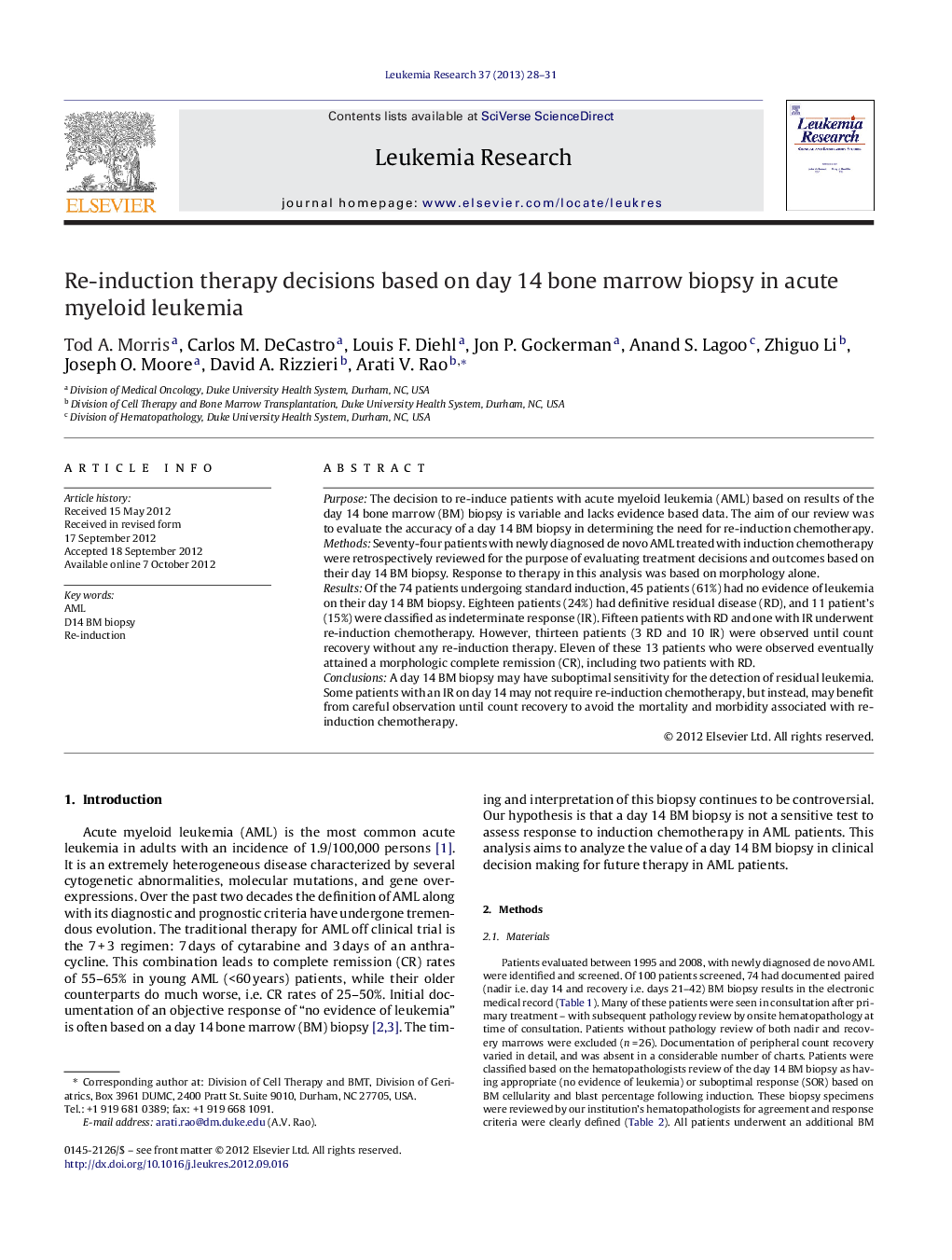 Re-induction therapy decisions based on day 14 bone marrow biopsy in acute myeloid leukemia