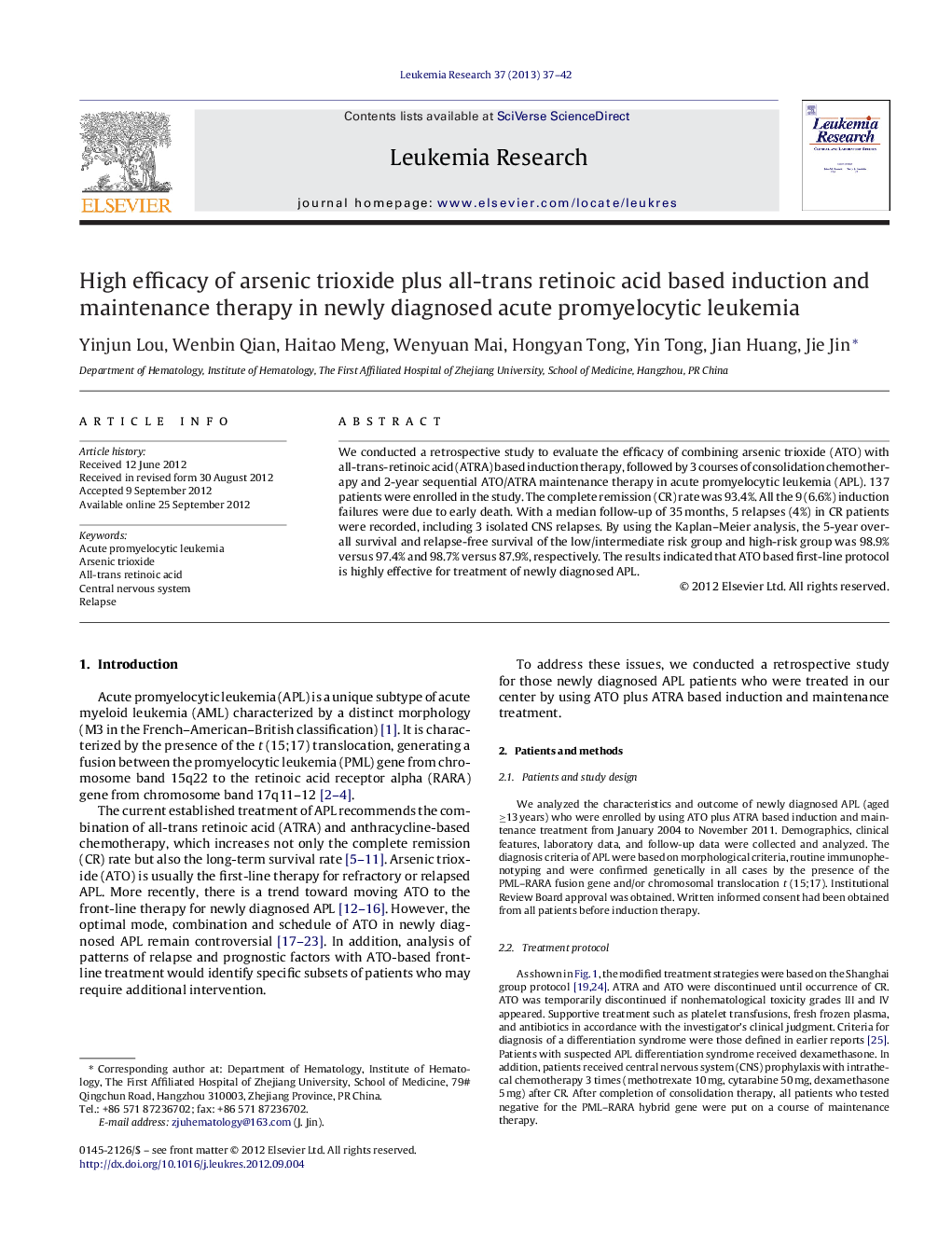 High efficacy of arsenic trioxide plus all-trans retinoic acid based induction and maintenance therapy in newly diagnosed acute promyelocytic leukemia