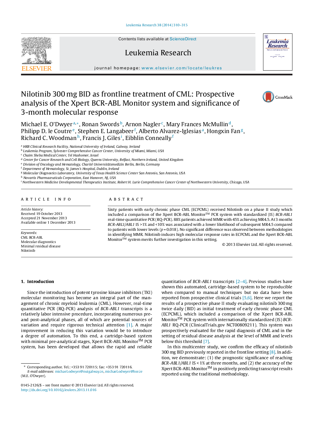 Nilotinib 300 mg BID as frontline treatment of CML: Prospective analysis of the Xpert BCR-ABL Monitor system and significance of 3-month molecular response