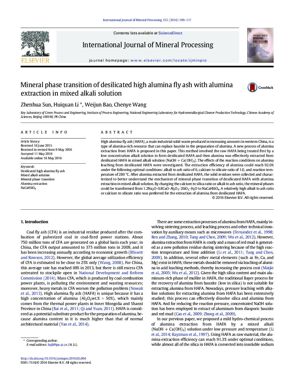 Mineral phase transition of desilicated high alumina fly ash with alumina extraction in mixed alkali solution