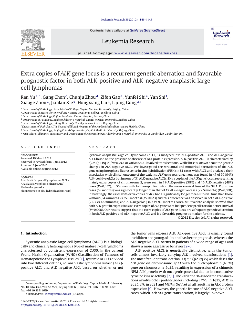 Extra copies of ALK gene locus is a recurrent genetic aberration and favorable prognostic factor in both ALK-positive and ALK-negative anaplastic large cell lymphomas