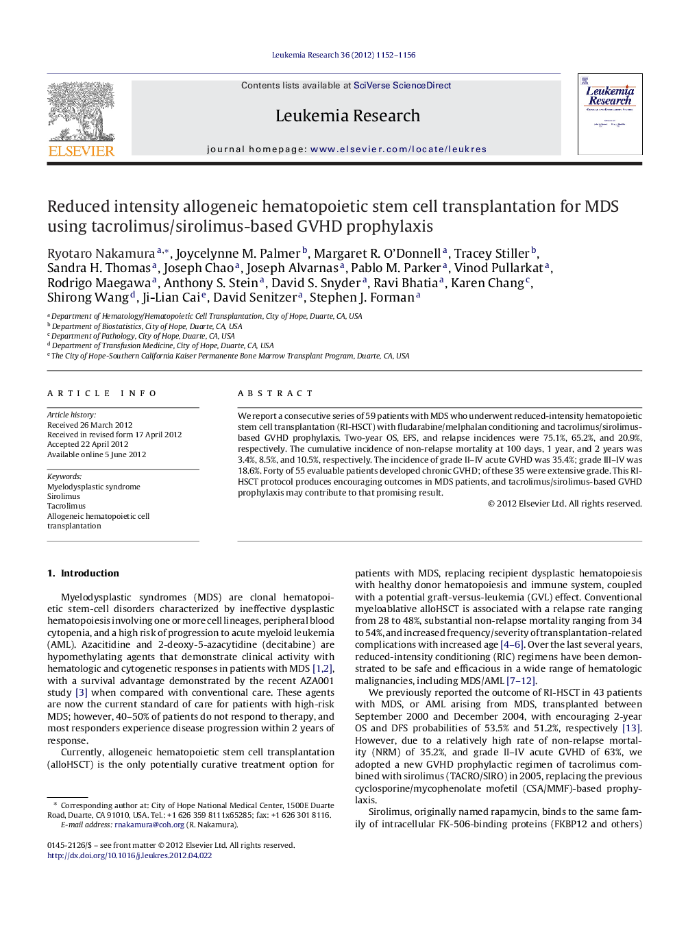 Reduced intensity allogeneic hematopoietic stem cell transplantation for MDS using tacrolimus/sirolimus-based GVHD prophylaxis