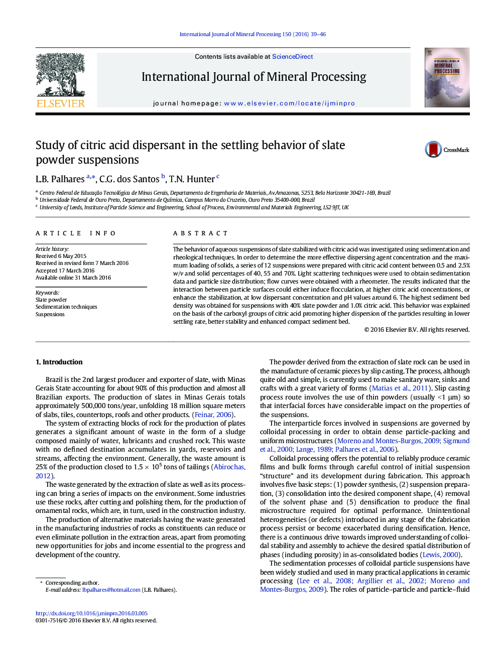 Study of citric acid dispersant in the settling behavior of slate powder suspensions