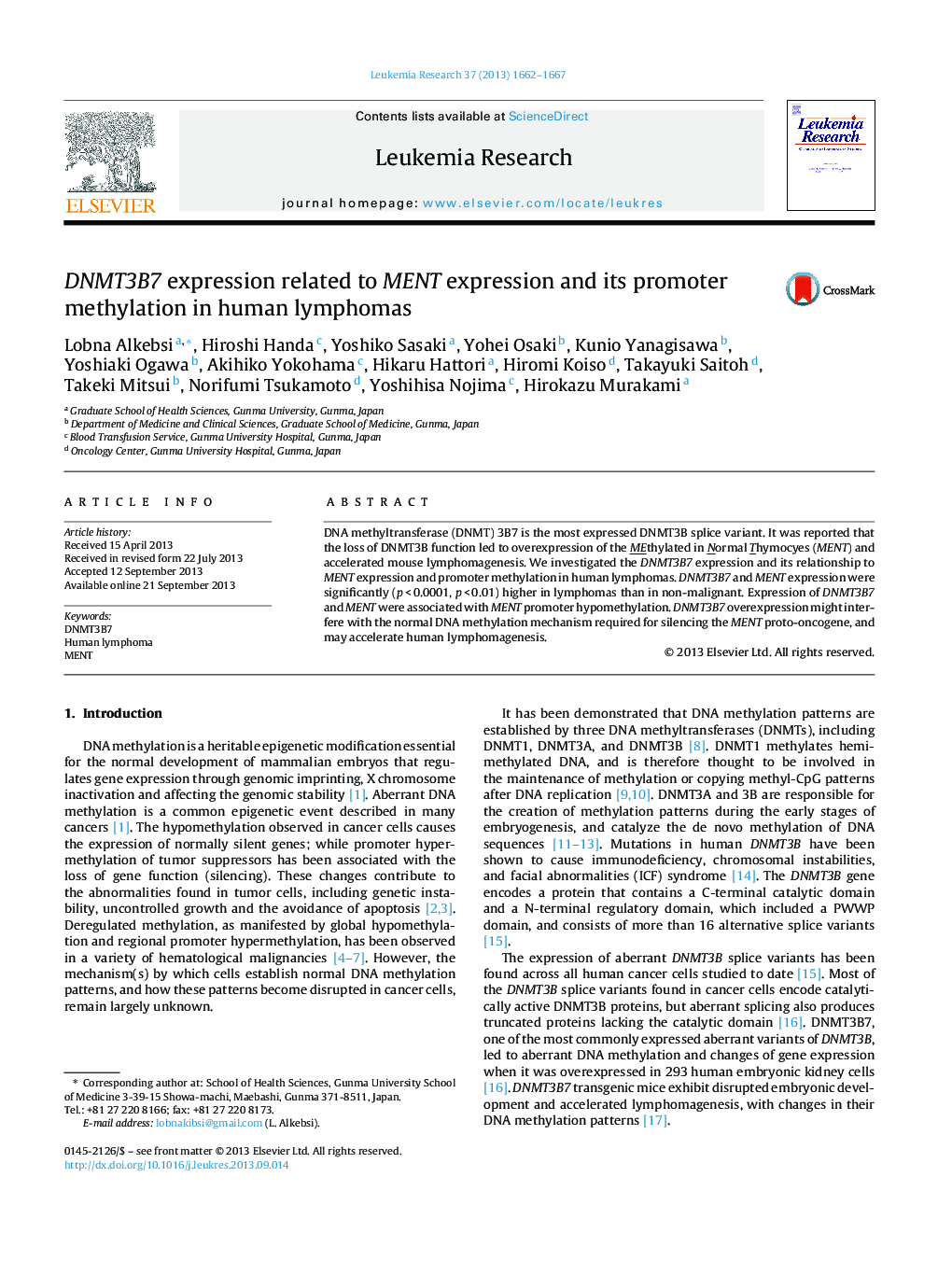 DNMT3B7 expression related to MENT expression and its promoter methylation in human lymphomas