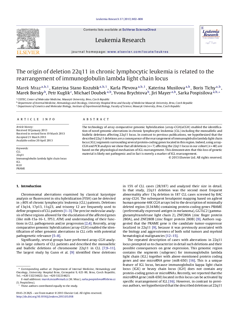 The origin of deletion 22q11 in chronic lymphocytic leukemia is related to the rearrangement of immunoglobulin lambda light chain locus