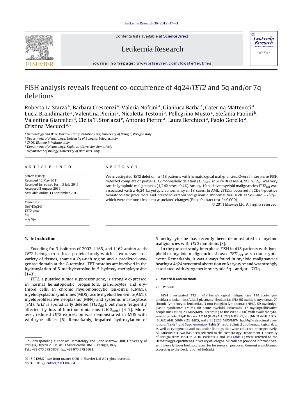 FISH analysis reveals frequent co-occurrence of 4q24/TET2 and 5q and/or 7q deletions