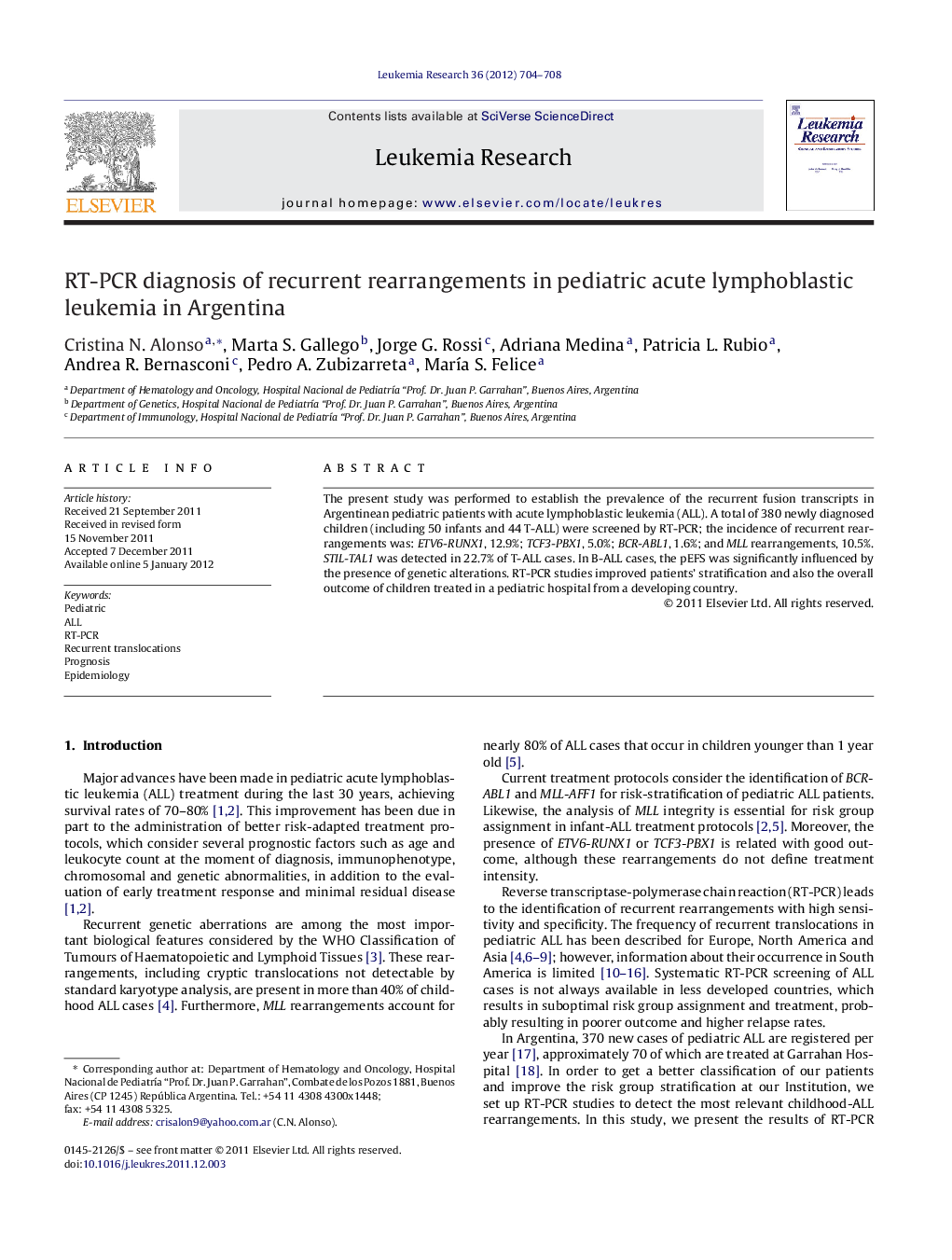 RT-PCR diagnosis of recurrent rearrangements in pediatric acute lymphoblastic leukemia in Argentina