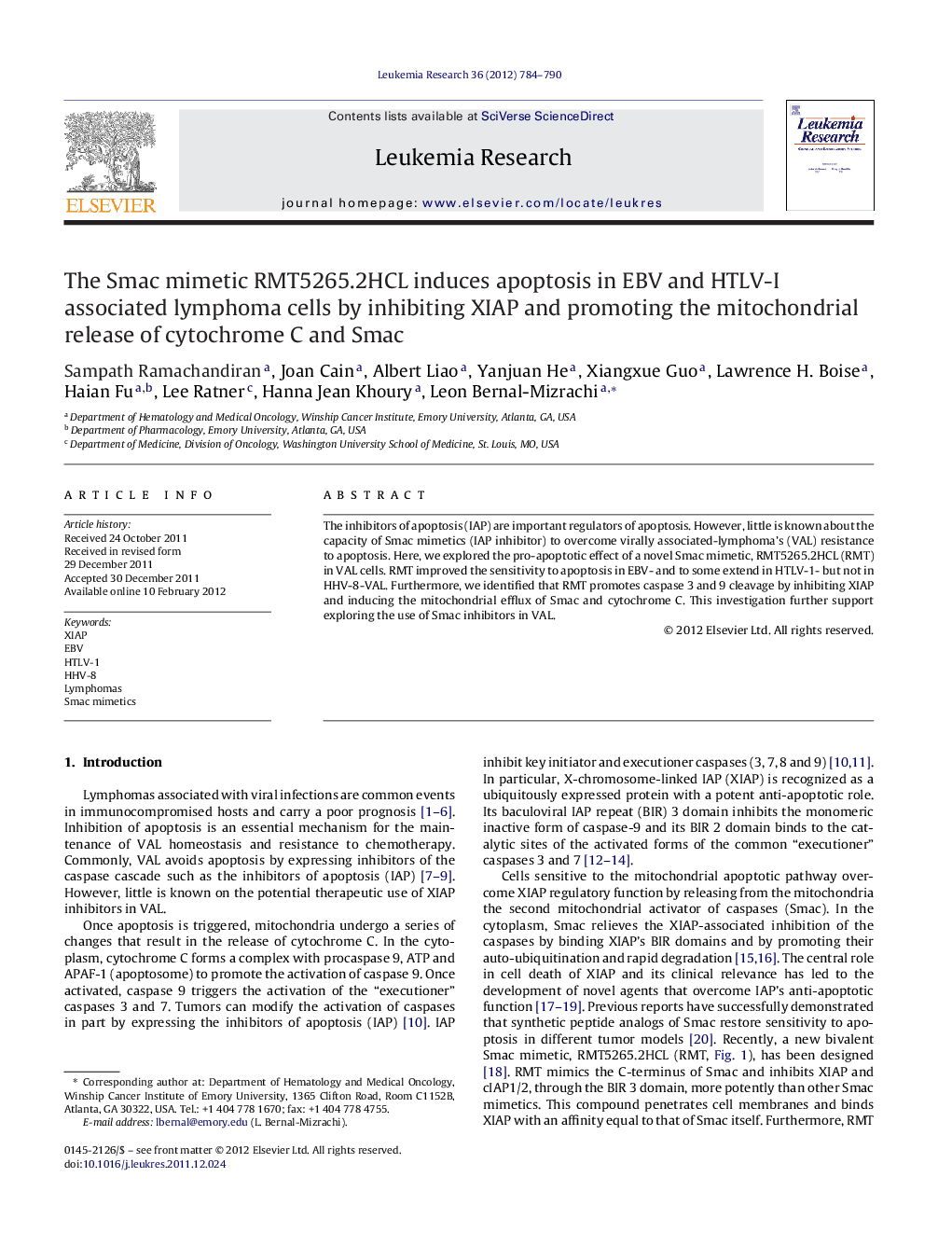 The Smac mimetic RMT5265.2HCL induces apoptosis in EBV and HTLV-I associated lymphoma cells by inhibiting XIAP and promoting the mitochondrial release of cytochrome C and Smac