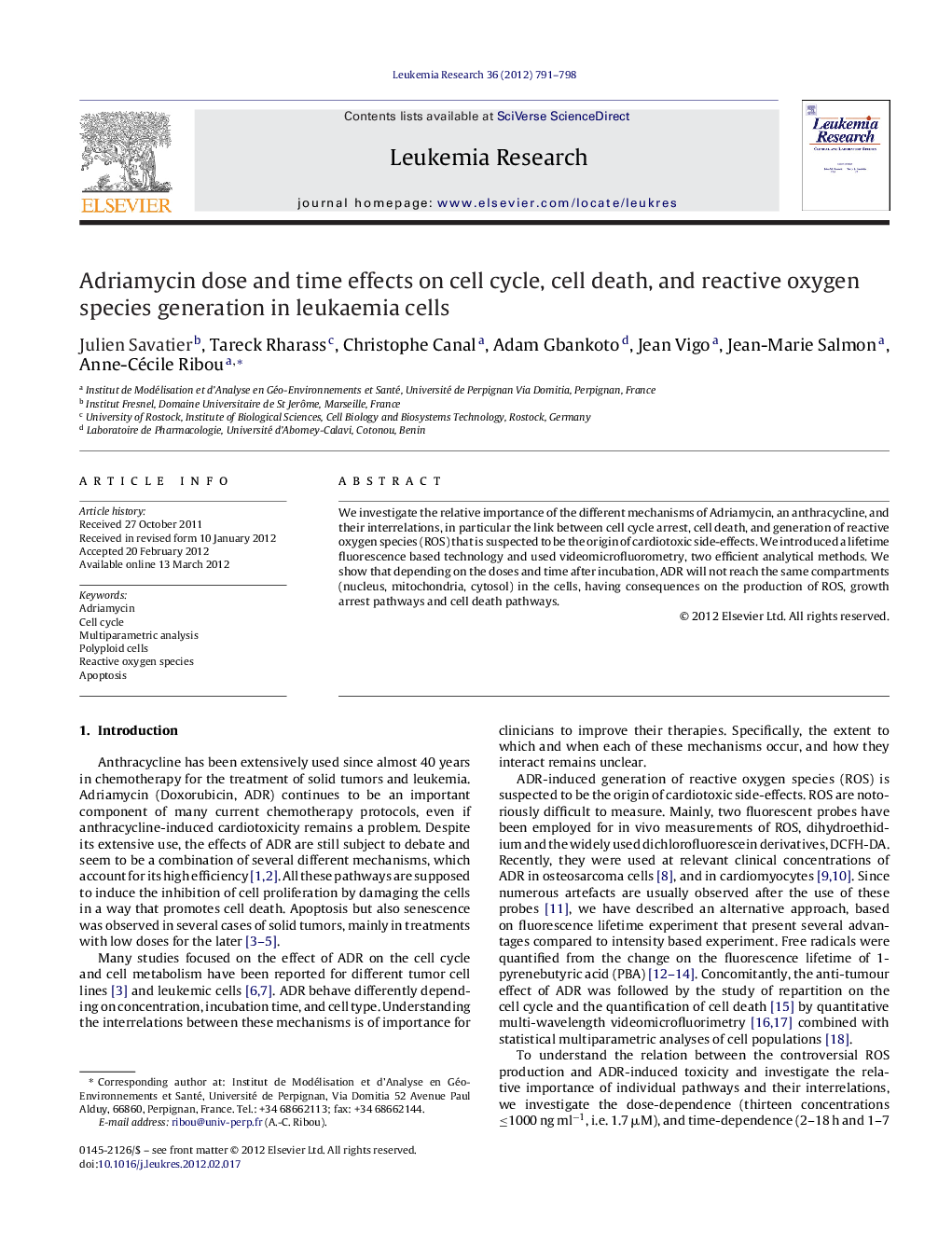 Adriamycin dose and time effects on cell cycle, cell death, and reactive oxygen species generation in leukaemia cells