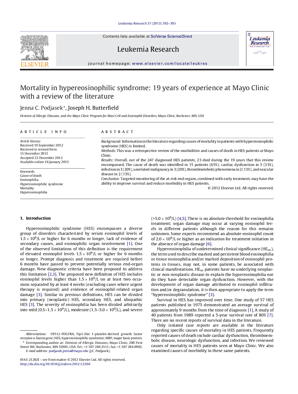 Mortality in hypereosinophilic syndrome: 19 years of experience at Mayo Clinic with a review of the literature