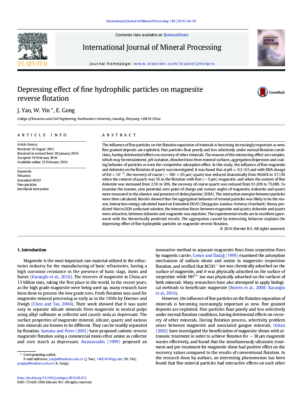 Depressing effect of fine hydrophilic particles on magnesite reverse flotation