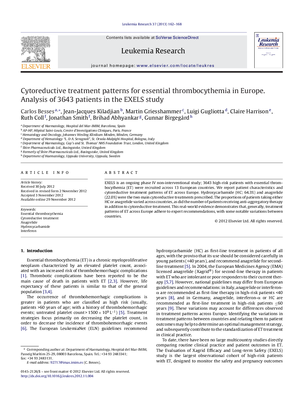 Cytoreductive treatment patterns for essential thrombocythemia in Europe. Analysis of 3643 patients in the EXELS study